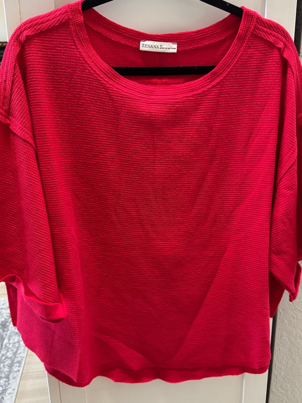Zenana Outfitters Bright Red Lightweight Waffle Knit Sweatshirt